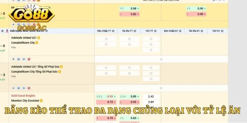 Thể Thao GO88 - Sân Chơi Giải Trí Trực Tuyến Đỉnh Cao Châu Á 3 Bảng kèo thể thao đa dạng chủng loại với tỷ lệ ăn thưởng siêu hời